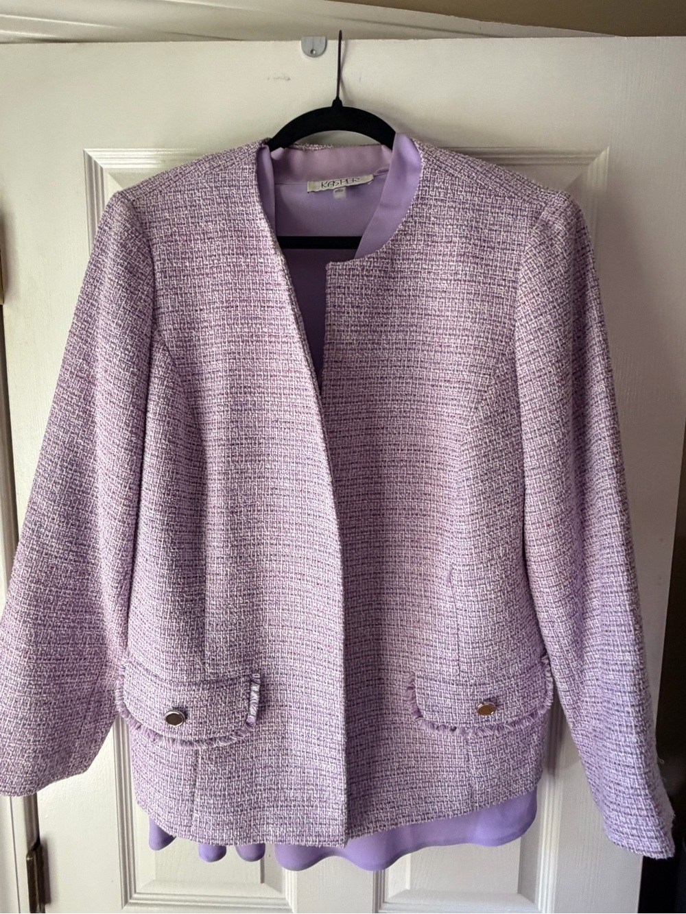 Kasper Plus Size 2pc Set 16W Tweed Jacket 2X Lilac Purple Tie Neck Blouse COMBO